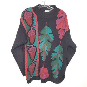Le Moda 90s Embroidered Cotton Sweater L Navy Blue Green Leaves Acorns Autumn